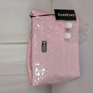 Bebe Pink Heart Quilted Shimmer Large Travel Cosmetic Bag 2 Travel Bottles NWT